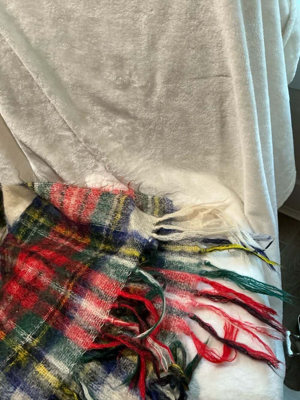 Vintage Tartan Plaid Mohair Wool Fringe Scarf Red Green Blue Multi